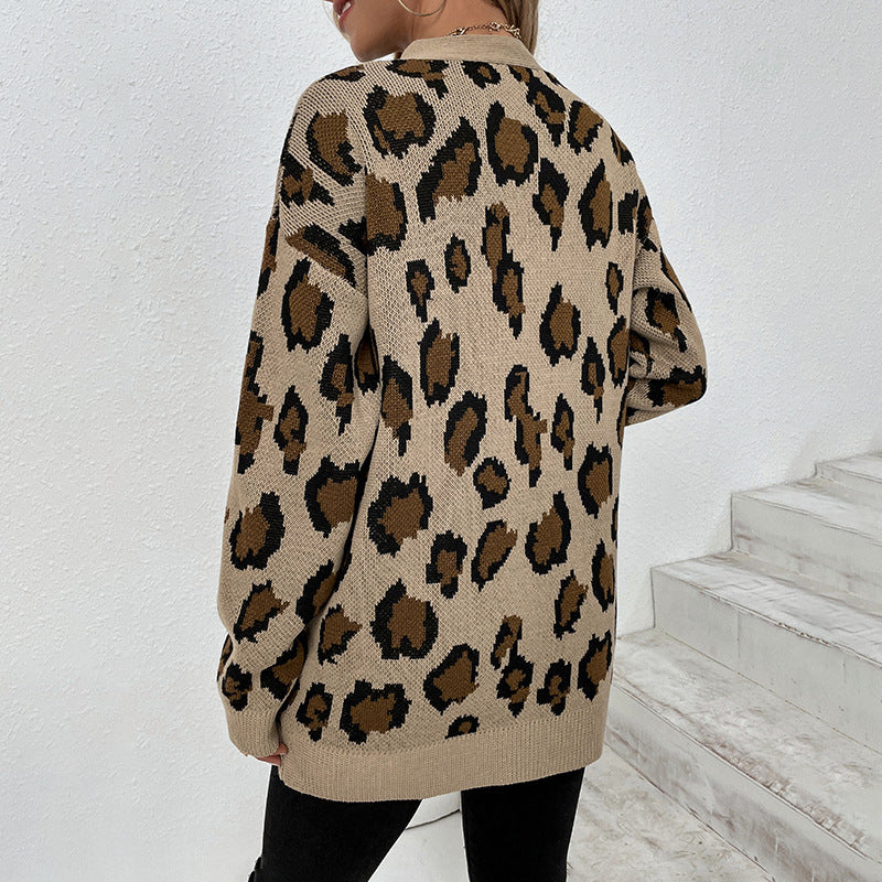 Suéter de bolsillo con estampado de leopardo de color en contraste, suéter de otoño e invierno, abrigo tipo cárdigan para mujer