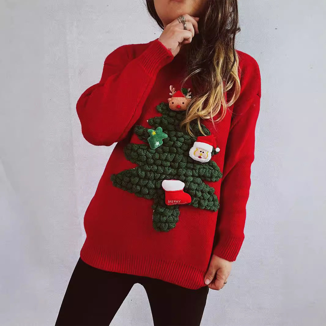 Suéter rojo con árbol de Navidad flocado tridimensional para otoño e invierno, suéter navideño holgado, suéter de año nuevo para mujer