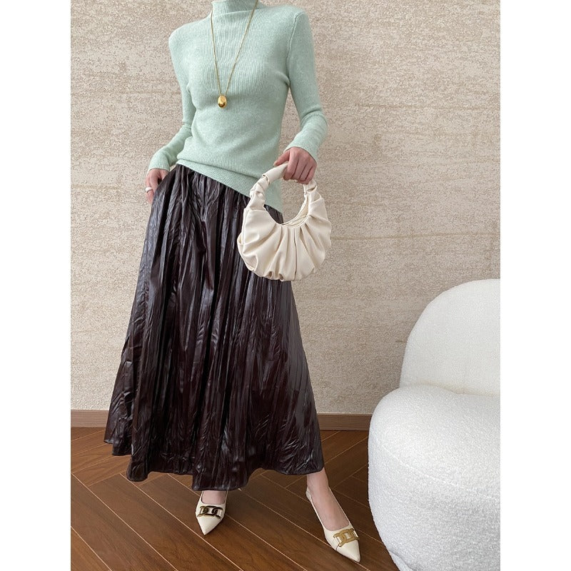 Vintage Ankela Red Pleated Texture Pleated Umbrella Skirt Elastic High Waist Faux Leather Skirt