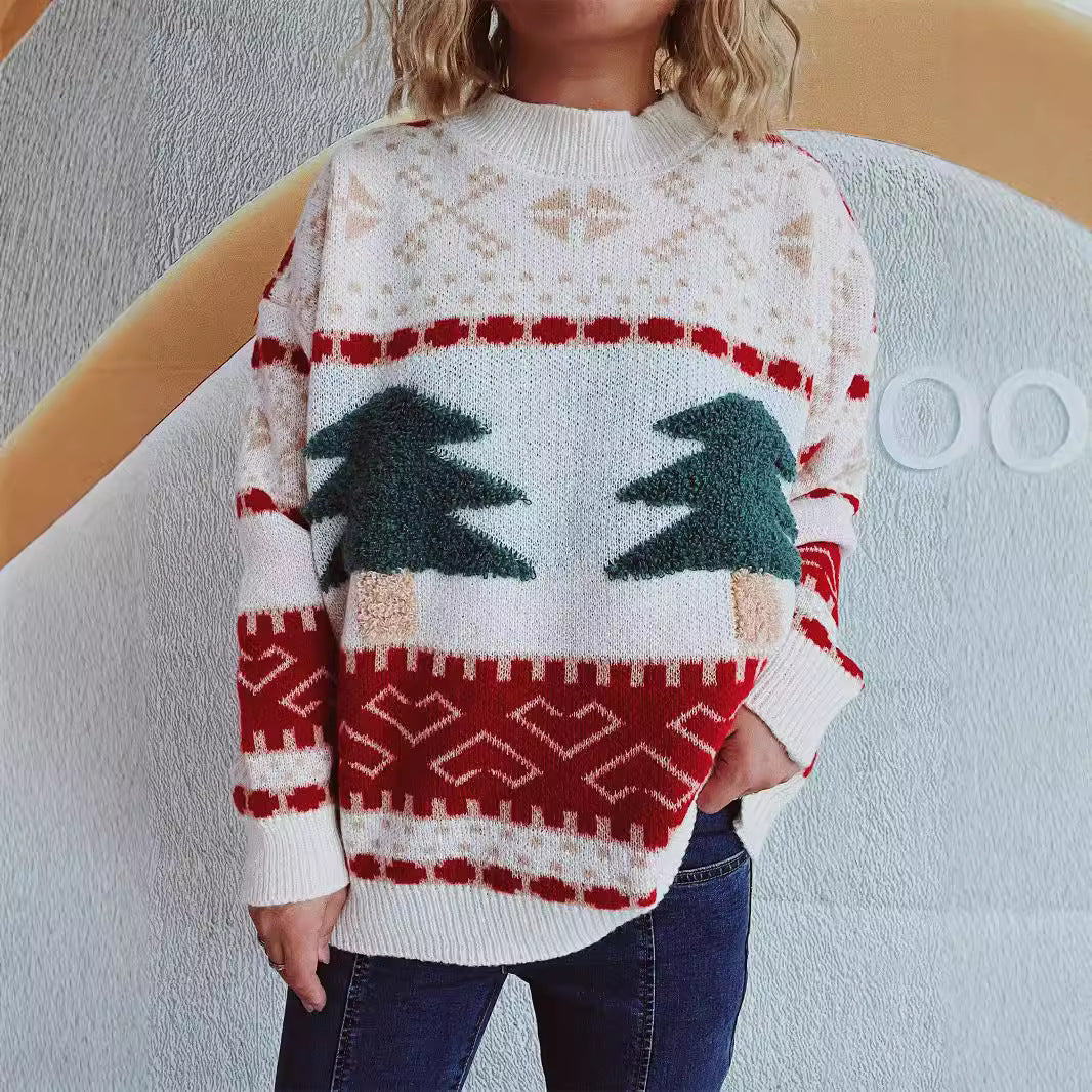 Christmas Sweater Women Casual round Neck Knitted Christmas Tree Cartoon Jacquard Holiday Year Sweater