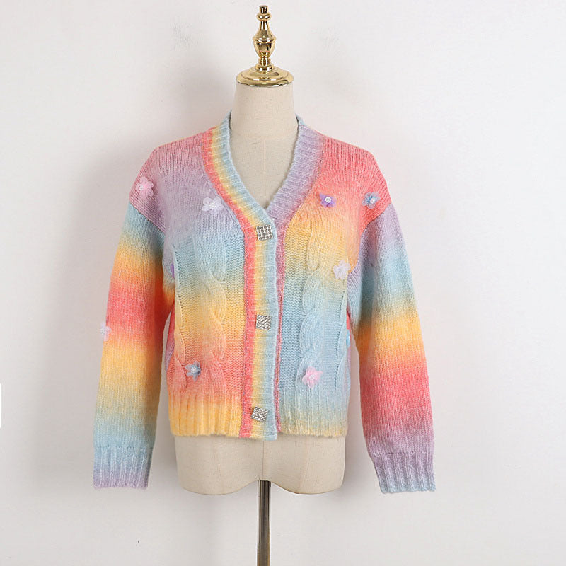 Cardigan tricoté en peluche de lapin, dégradé de couleurs arc-en-ciel, pull assorti, collège japonais, manteau court, ample, paresseux