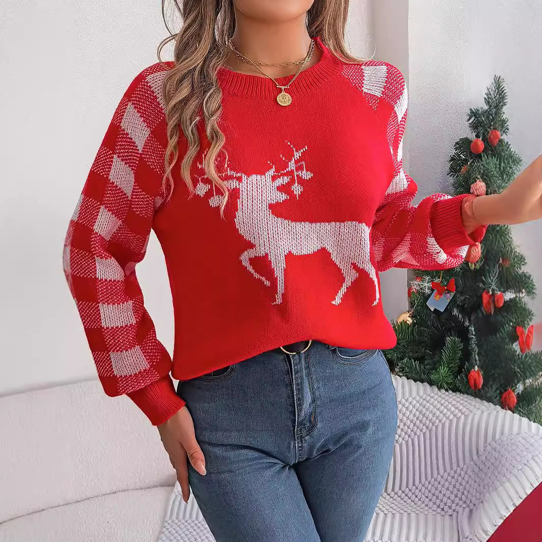 Autumn Winter Casual Plaid Deer Long Sleeve Pullover Christmas Women Clothing