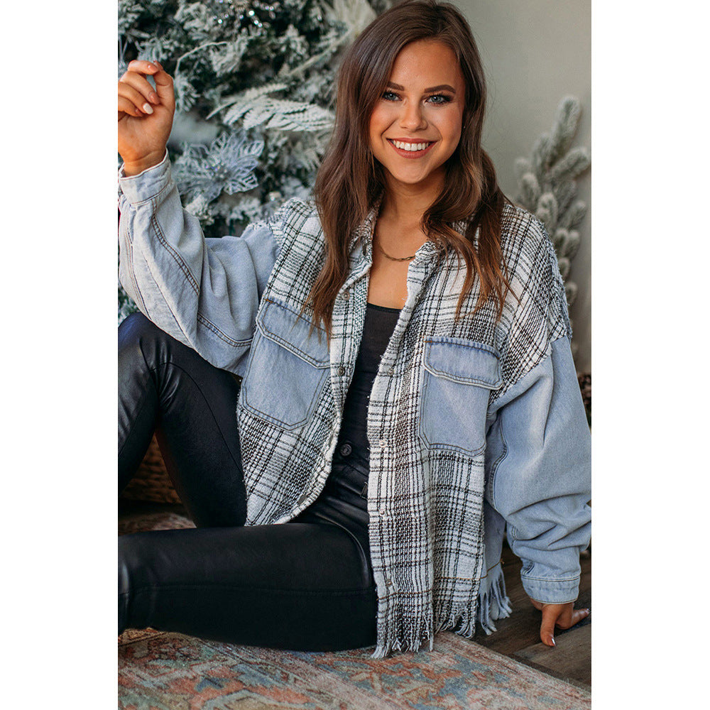 Rue femmes Plaid Patchwork Denim veste arrivée col gland veste