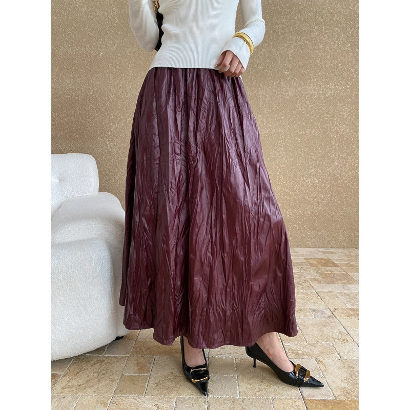 Vintage Ankela Red Pleated Texture Pleated Umbrella Skirt Elastic High Waist Faux Leather Skirt