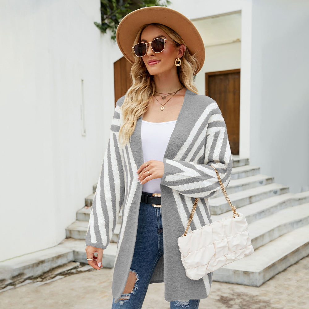 Autumn Winter V-neck Rhombus Stripe Cardigan Women Women Clothing Colorblock Sweater Coat Women