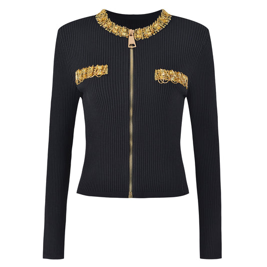 Primavera otoño mujer clásico Rhinestone tejido lana Tup Cardigan abrigo