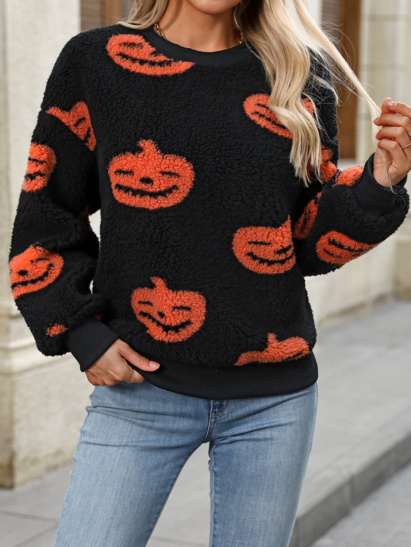 Pull ample en peluche imprimé Halloween pour femme, automne hiver