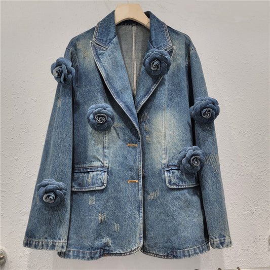 Fall Polo Collar Denim Long Sleeve Pin Rose Decoration Vintage Washed Denim Blazer