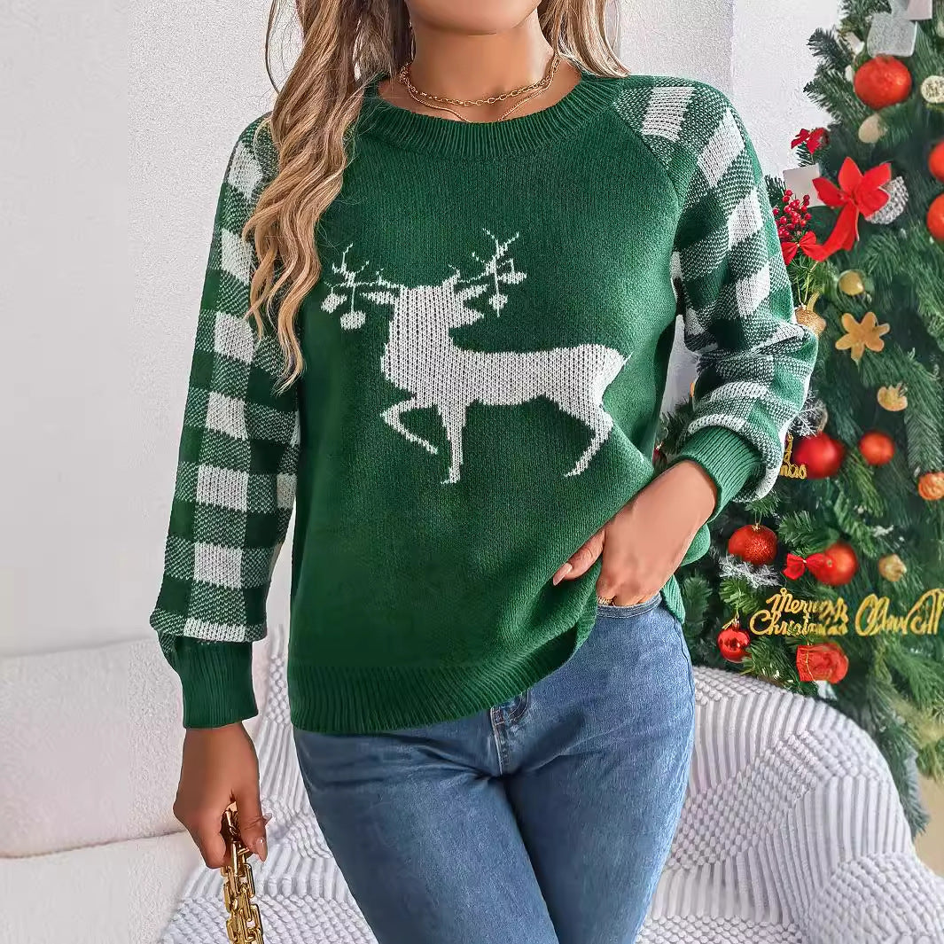 Autumn Winter Casual Plaid Deer Long Sleeve Pullover Christmas Women Clothing