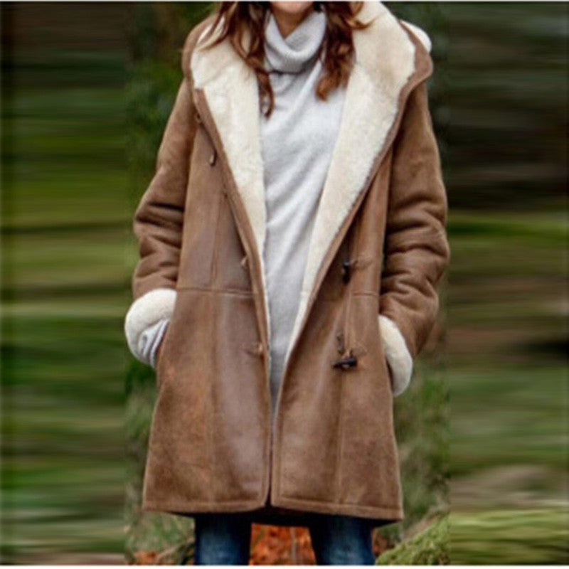 Winter Intellectual Simple Harajuku Solid Color Casual Button Cardigan Warm Mid Length Hooded Women Overcoat