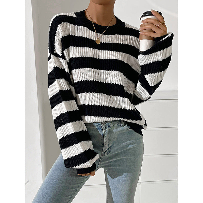 Contrast Color Striped Sweater Women round Neck Long Sleeve Loose Casual Knitted Top