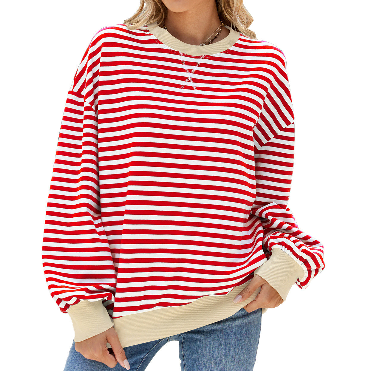 Autumn Winter Striped Round Neck Contrast Color Loose Long Sleeve Sweatershirt Coat Women