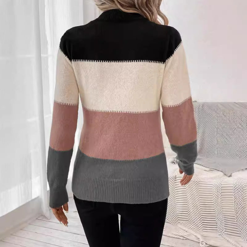 Pull de couleur contrastée pour femme, pull à col rond, manches longues, tricot décontracté, hauts assortis, automne hiver