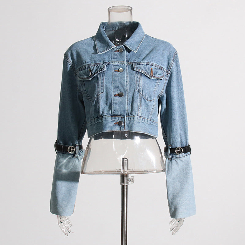 Contrast Color Belt Design Short Denim Jacket Collared Korean Patchwork Top Women