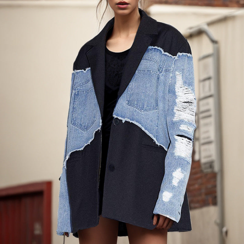 Autumn Retro Color Contrast Patchwork Loose Denim Women Jacket