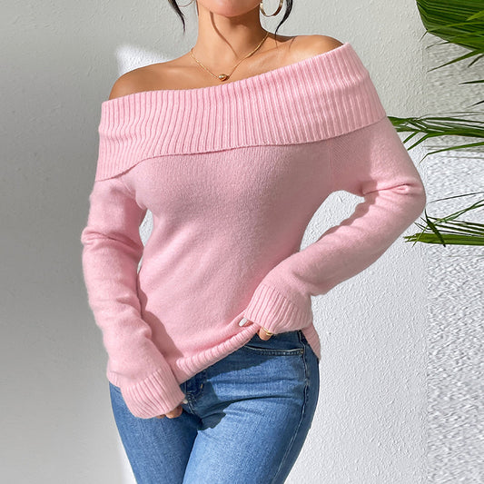 Pull à col slim et épaules dénudées pour femme, pull sexy en tricot, couleur unie