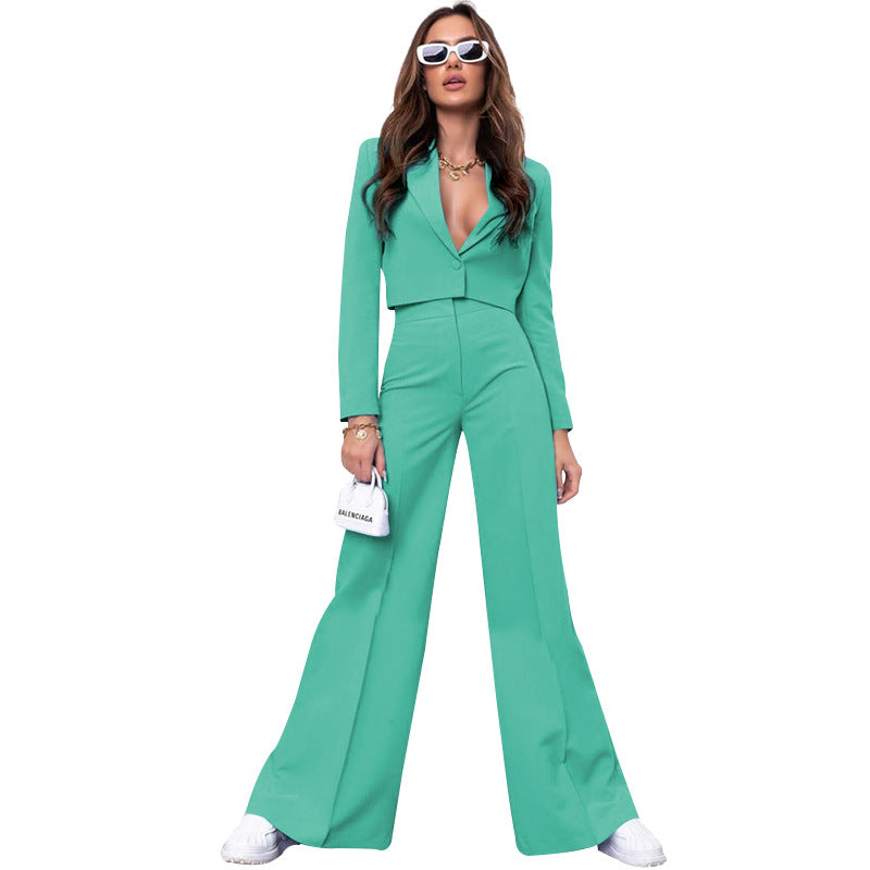 Autumn Winter Solid Color Short Long Sleeve Small Suit High Waist Wide Leg Pants Suit