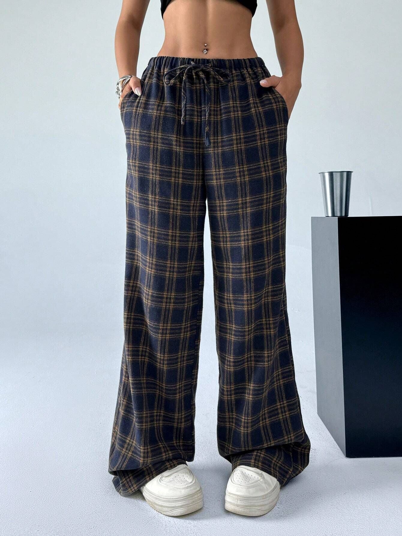 Spring Autumn Winter Casual Plaid Straight Leg Pants Trousers Women Daily Wear for Christmas