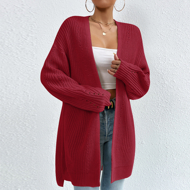 Automne hiver pull ample manteau mi-long col en V couleur unie pulls Cardigan