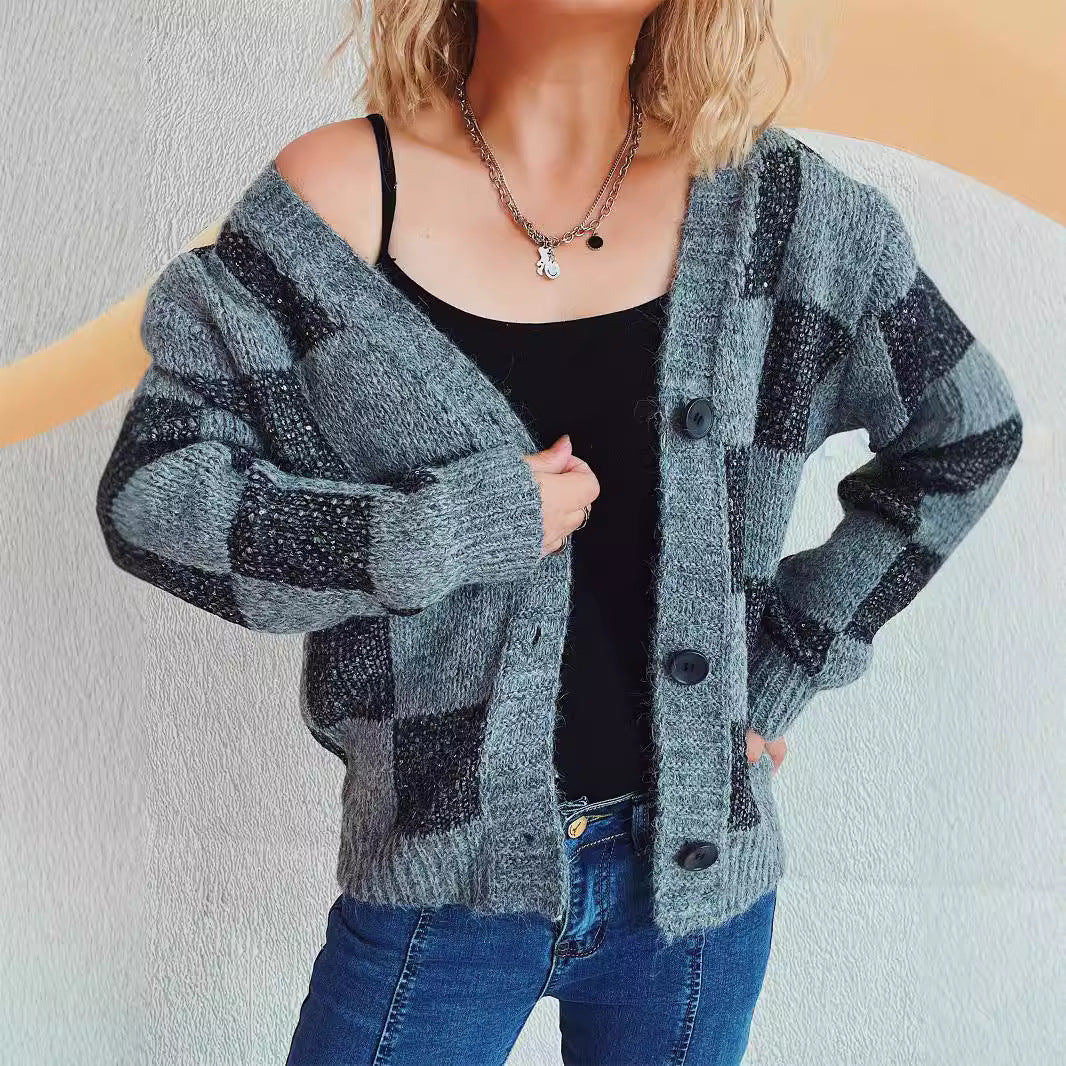 Automne Hiver Lâche Simple Boutonnage Tricoté Cardigan Haut Femmes Plaid Bow Brocart Pull Manteau Femmes