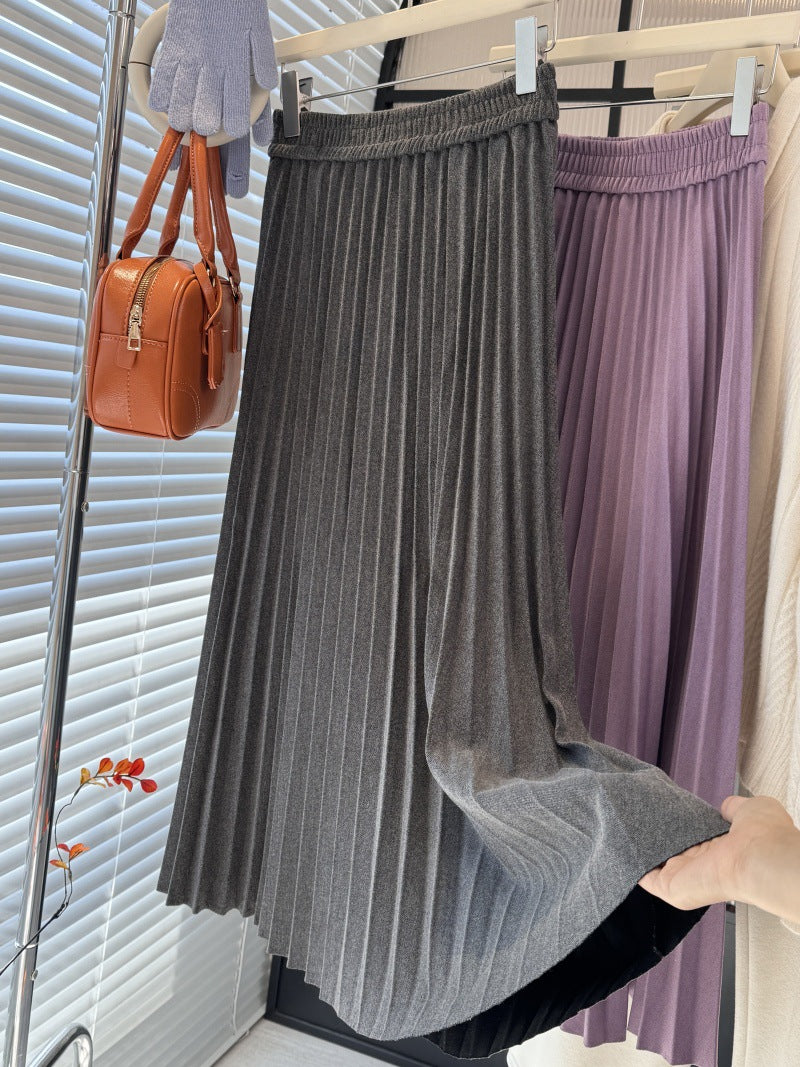 Women Mid Length Skirt Autumn Winter A line Pleated Skirt