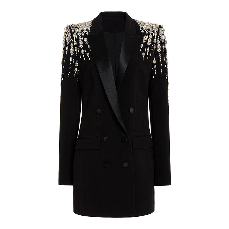 Star Handmade Gorgeous Heavy Industry Beads Diamond Embedded Slim Fit Long Blazer