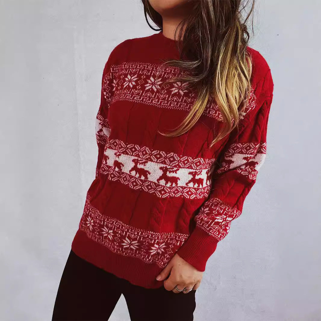 Arrival Autumn Winter Retro Elk Snowflake Jacquard Christmas Sweater round Neck Pullover Knitting Acrylic Sweater