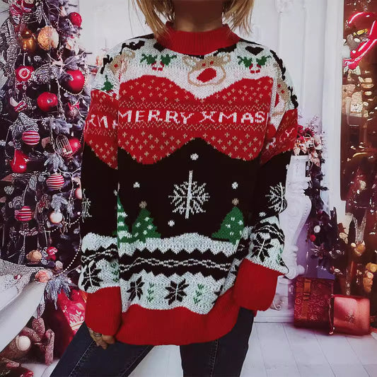 Christmas Sweater Autumn Winter Women Elk Snowflake round Neck Long Sleeve Pullover