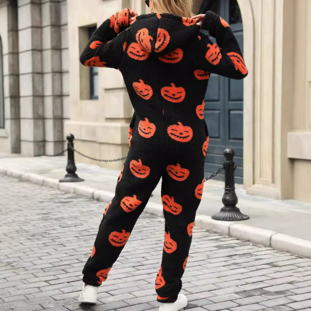 Vêtements pour femmes automne hiver Halloween citrouille imprimé ample fermeture éclair peluche combinaison