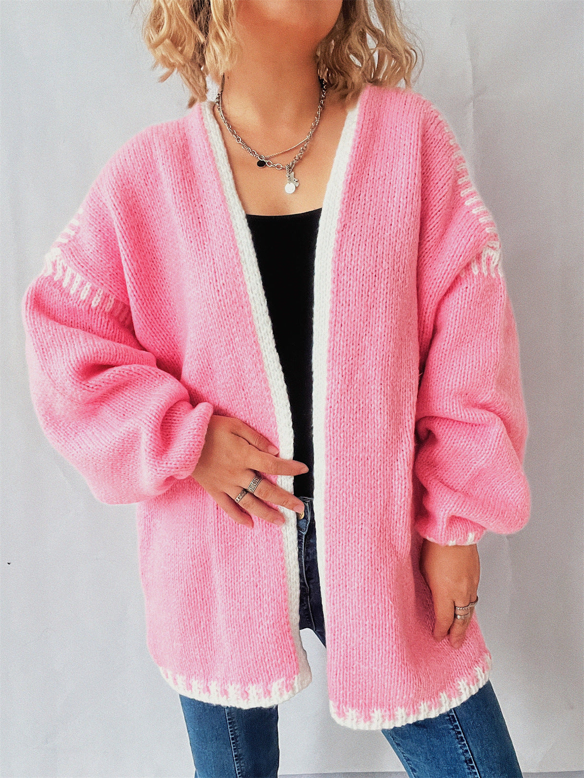 Sweater Women Outer Wear V neck Knitted Cardigan Loose Preppy Chic Contrast Color Early Autumn Coat