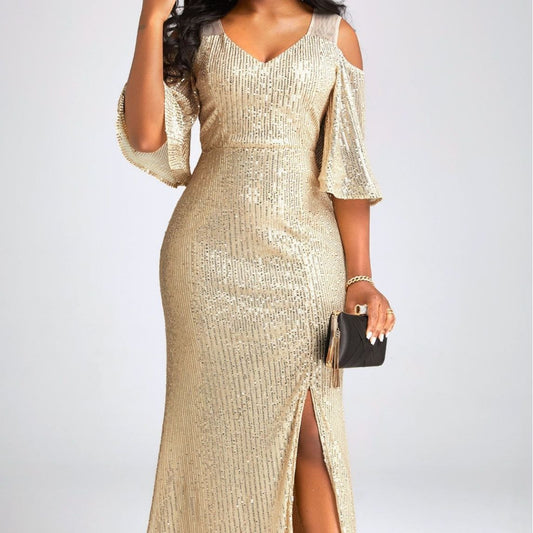 Autumn Elegant Off Shoulder Gold Sequ Annual Party Evening Dress Cocktail Evening Dress Dress