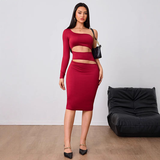 Women Clothing Wine Red Socialite Dress Autumn Winter Single Side Sleeve Midi Dress