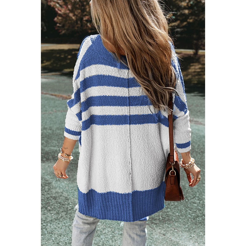 Casual Striped Cardigan with Buttons Sweater Women Autumn Winter Color Contrast Patchwork Drop Shoulder Knitted Cardigan Women