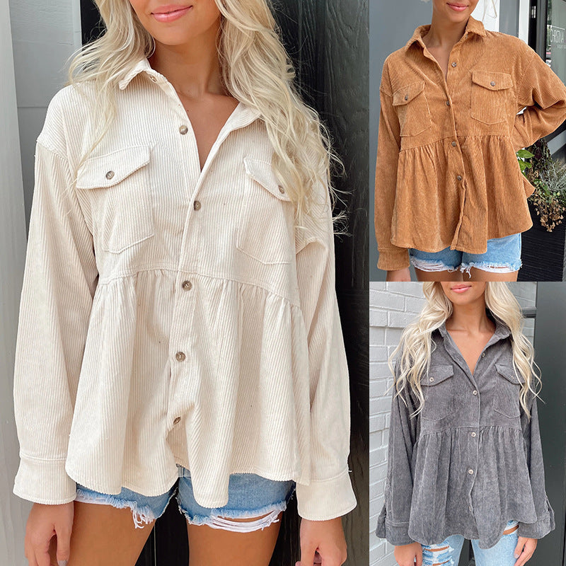 Women Shirt Top Corduroy Polo Collar Solid Color Loose Casual Shirt Shacket