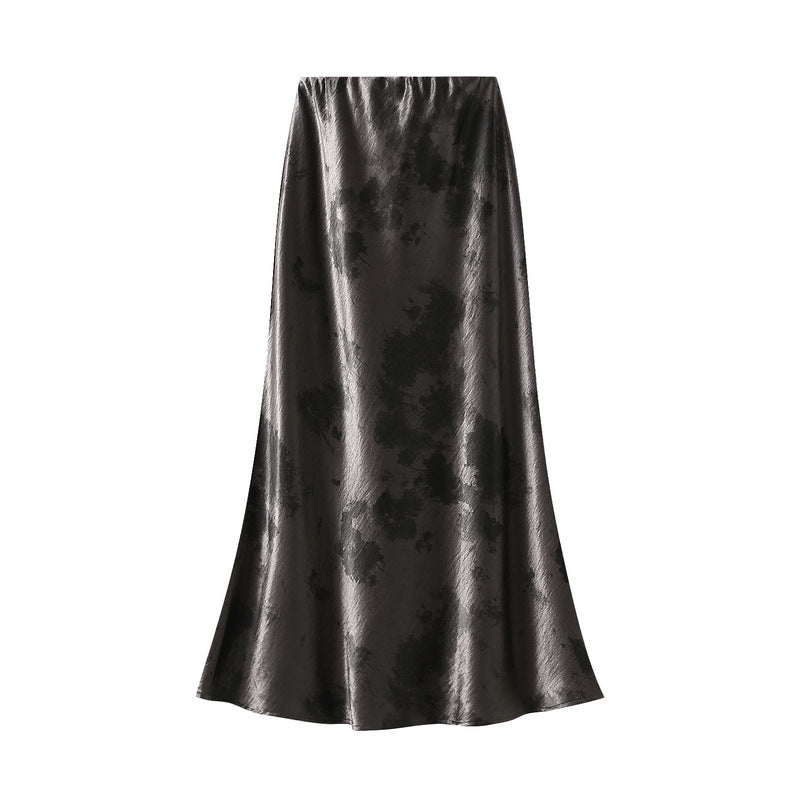 Gold Satin Printed Elastic Waist Tie Dyed Mid Length Skirt Sheath Fishtail Skirt Autumn