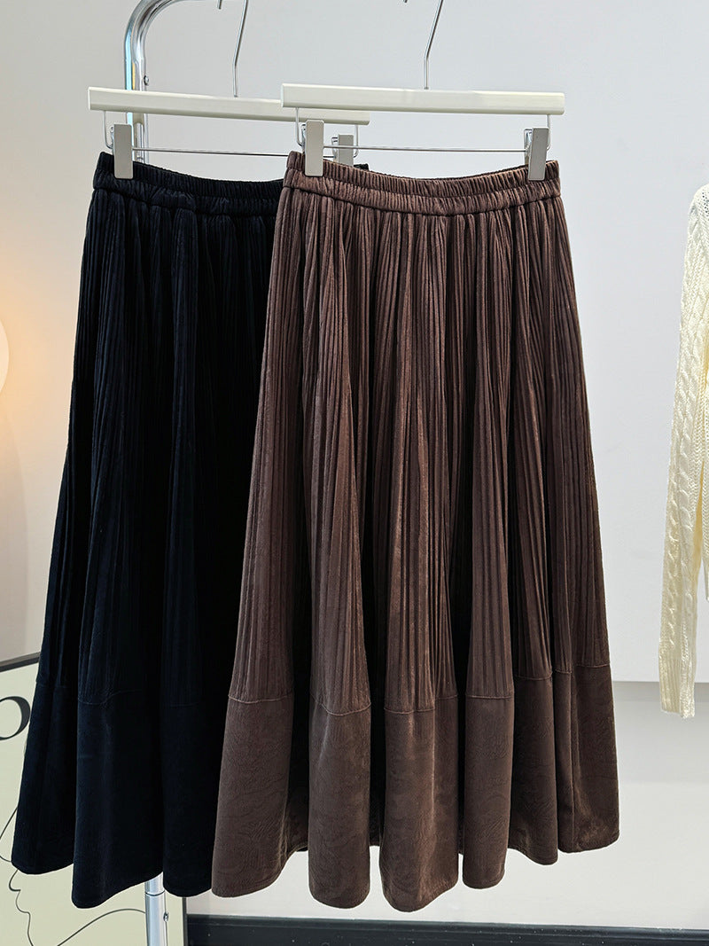 Embossed Velvet Pleated Skirt Autumn Winter Retro Loose Slimming All Matching Large Skirt Mid Length Skirt