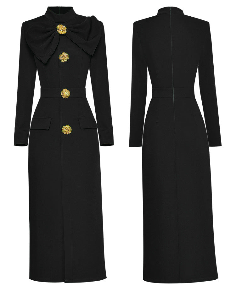 Stand Collar Long Sleeve Bowknot Waist-tight Fastener Decoration Hip Split Mid-length Dress