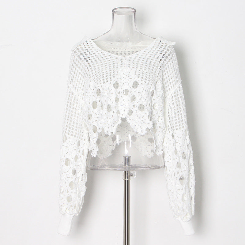 Women Knit Spring Summer Hollow Out Crocheted V neck Short Women Sweater