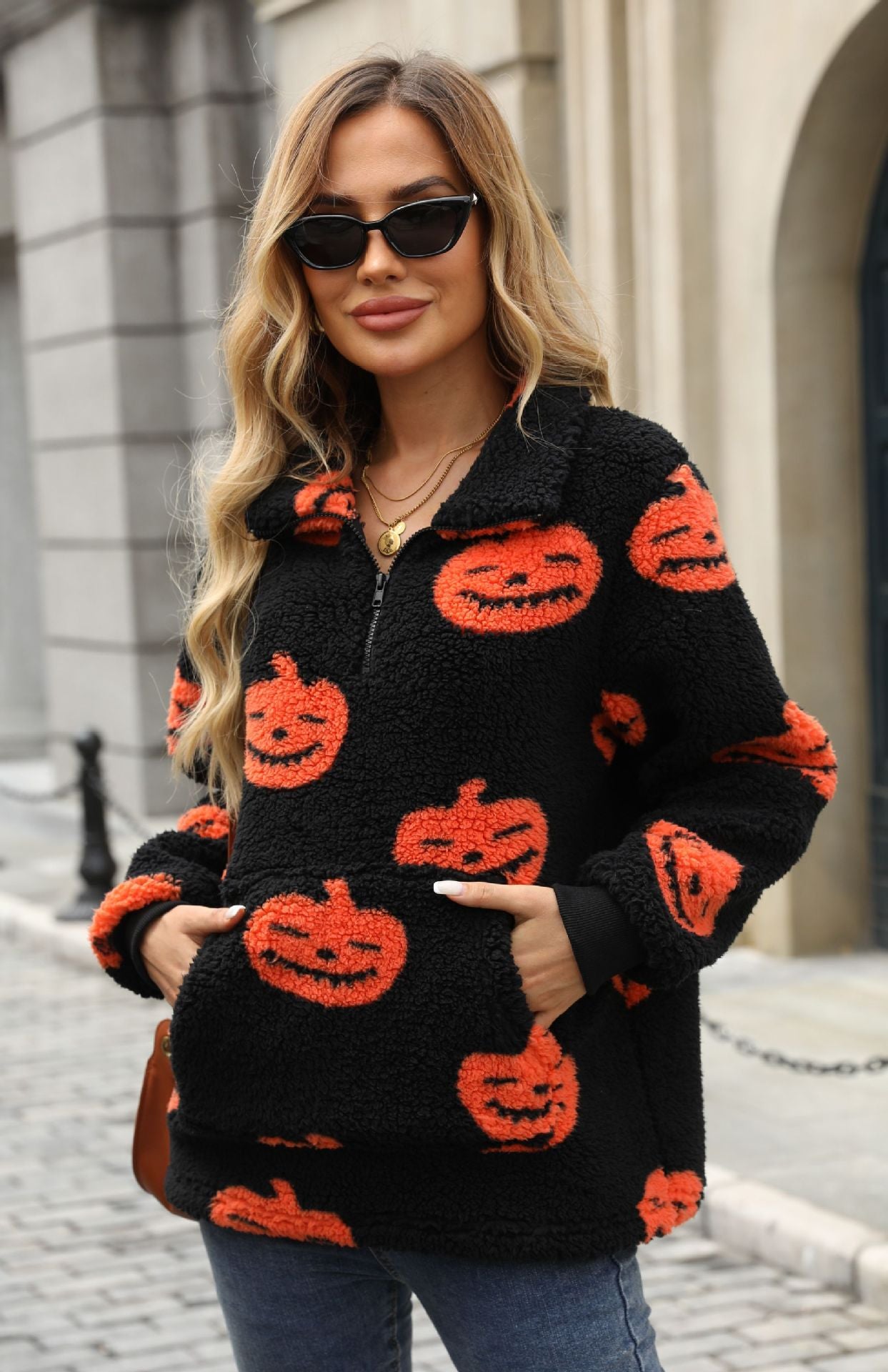 Suéter de felpa con media cremallera y estampado de calabaza de Halloween para mujer Otoño Invierno