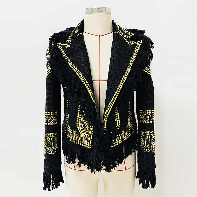 Goods Star Personality Tassel Edge Heavy Industry Metal Sheet Tweed Jacket Coat