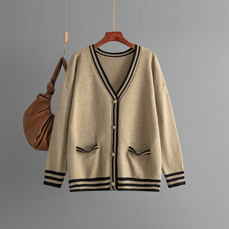 Automne Hiver Contraste Couleur Pull Cardigan Manteau Lâche Col V Mi-Longueur Tricot Haut Femmes Vêtements