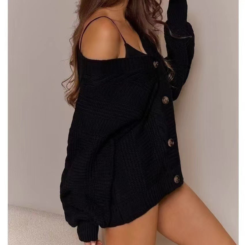 V Neck Lantern Sleeve Knitted Cardigan Women Autumn Winter Loose Sexy Sweater Coat