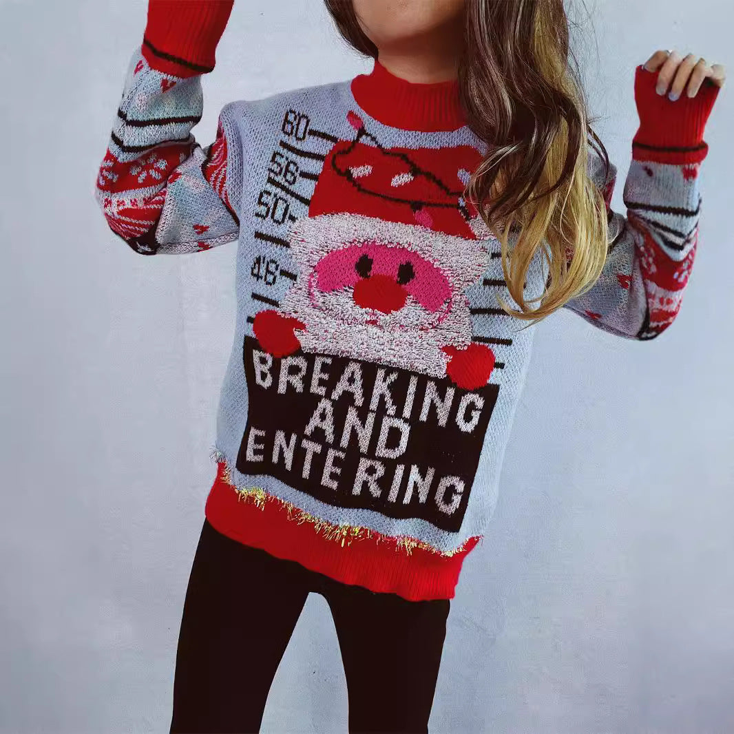 Autumn Winter Santa Claus Embroidered Gold Thread Sweater Cute Pullover Christmas Sweater for Women