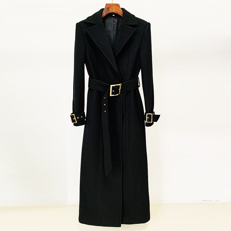 Goods Autumn Winter Star Simple Series Belt Long Woolen Coat Woolen Coat