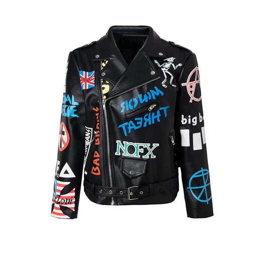 Graffiti Printing Motorcycle Leather Coat Punk Heavy Industry Contrast Color Leather Jacket Coat