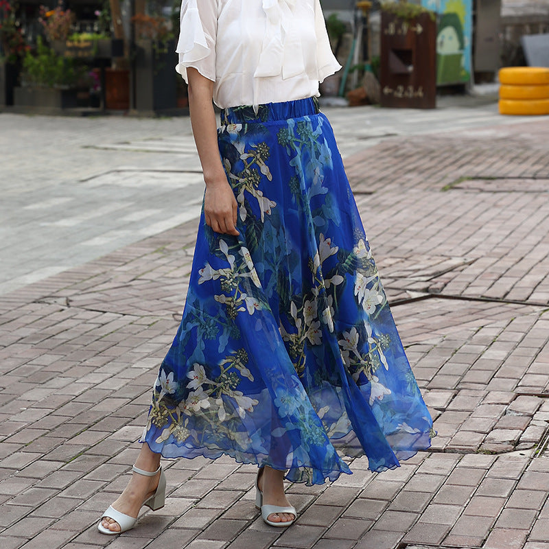 Chiffon Skirt Printed Floral High Waist Slimming