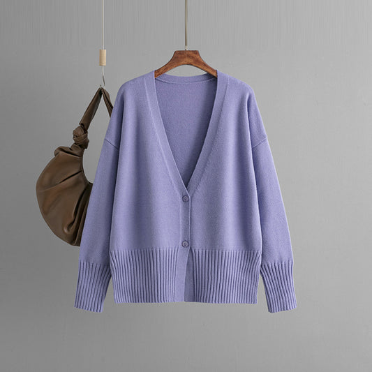 Women Clothing Autumn Winter V neck Knitted Cardigan Solid Color Loose Sweater Coat Top