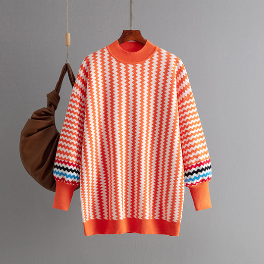 Women Clothing Autumn Winter Mid Length round Neck Striped Loose Sweater Pullover Top