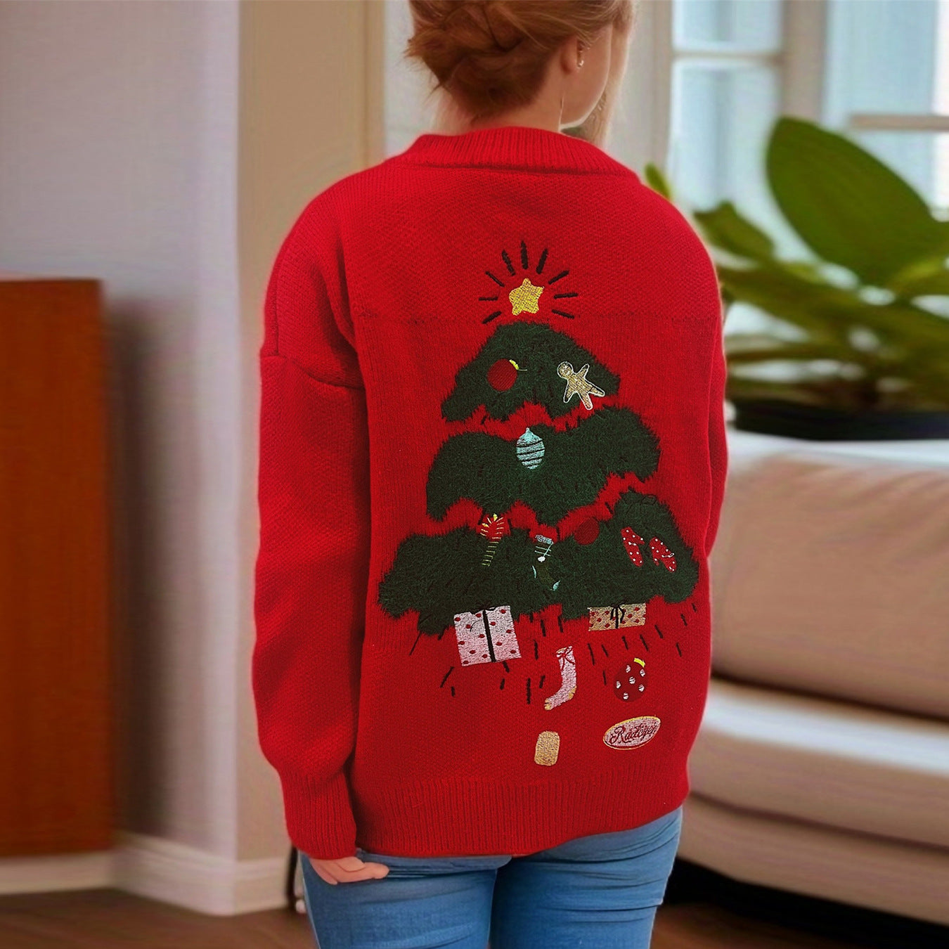 Thick Round Neck Long Sleeve Back Christmas Tree Embroidered Jacquard Red Year Christmas Sweater Pullover