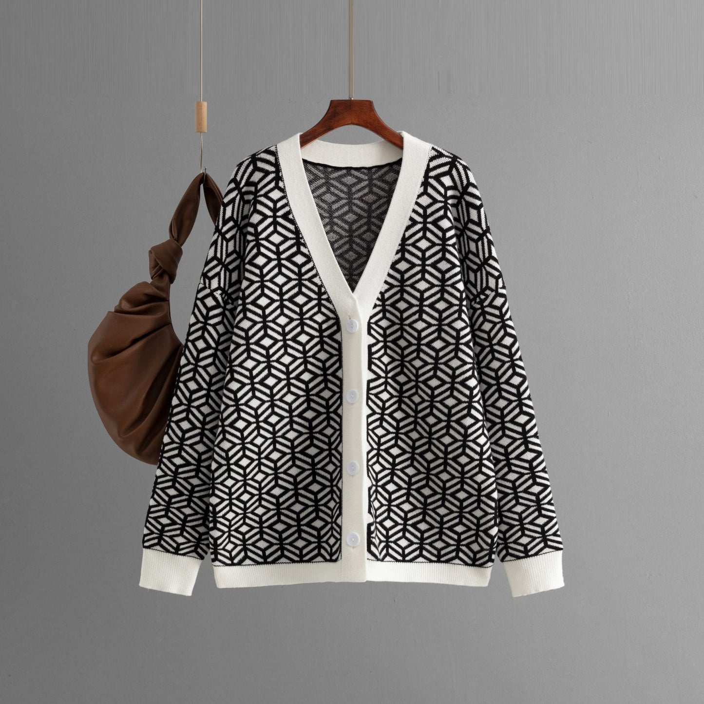 Autumn Knitted Cardigan V neck Houndstooth Contrast Color Loose Long Sleeve Mid Length Sweater Coat for Women